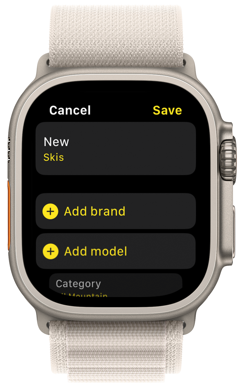 An Apple Watch Ultra with white alpine band with screen of adding a new pair of skis to the quiver.