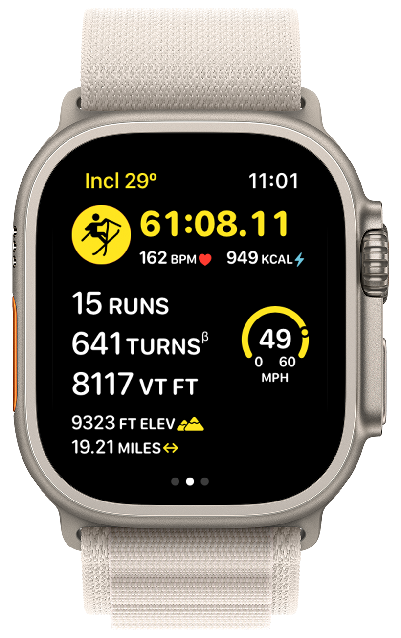 An Apple Watch Ultra with white alpine band with screen of active skiing workout running.