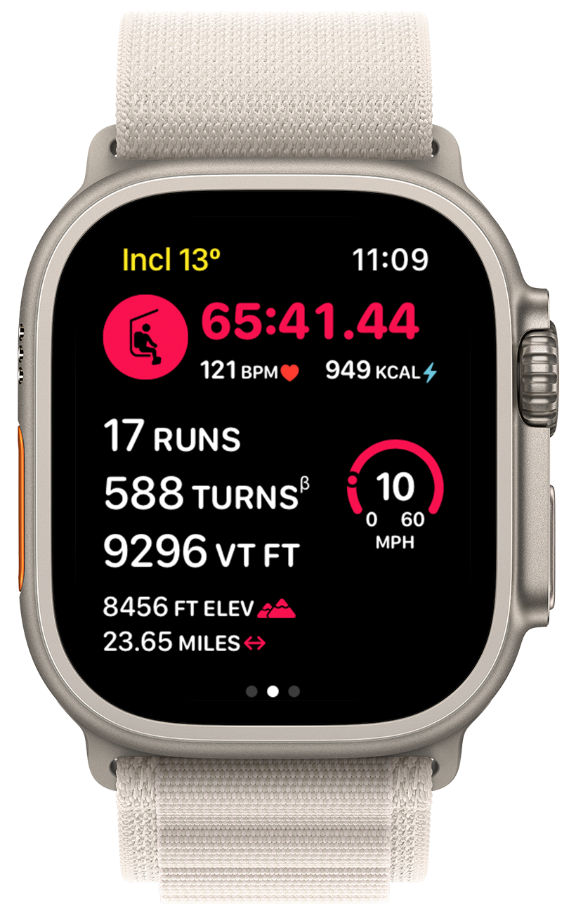 An Apple Watch Ultra with white alpine band with screen of chair lift mode activated.